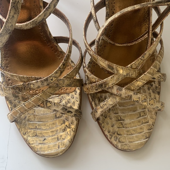 Manolo Blahnik Gold Embossed Python Leather High Heel Ankle Strap Sandals 40 1/2 - Picture 4 of 13